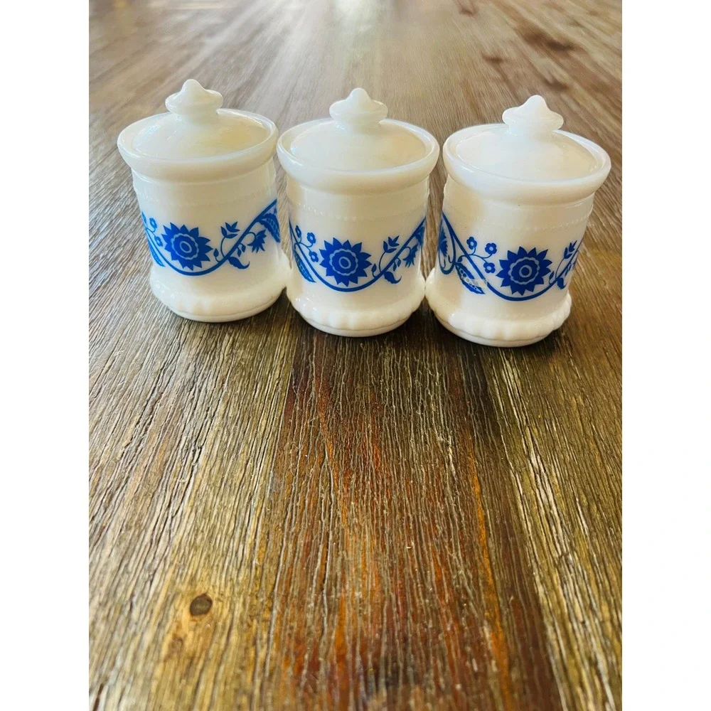 Vintage Milk Glass Spice Jars Set of 3 Blue Floral White Canisters with Lids